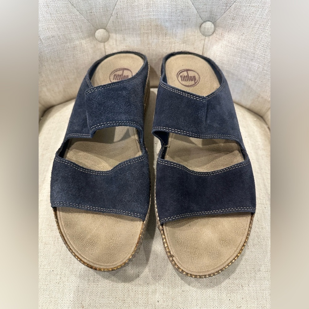 Fitflop Lolla Double Strap Navy Blue Suede Wedge Sandals Shoes Size 11 138-097